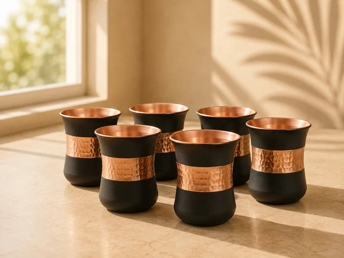 Silk Black Half Hammered Copper Tumbler Set – Pure Copper Water Glasses Set of 6 (250 ML)