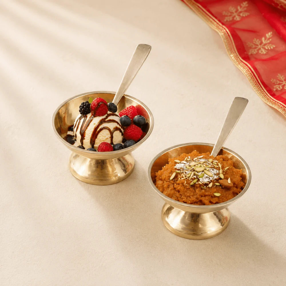 Shine Finish Handmade Pure Kansa Ice Cream Cup with Spoon | Set of 2 | Premium Bronze Dessert Bowl