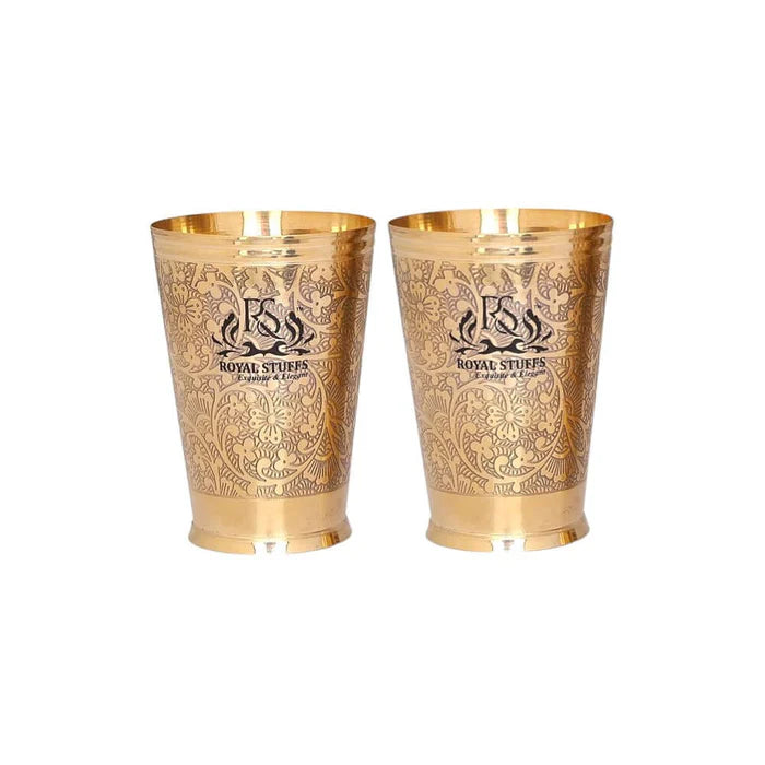 RoyalStuffs Set of 2 Pure Brass Drinking Glasses – Embossed Royal Design Brass Tumblers (300 ML)