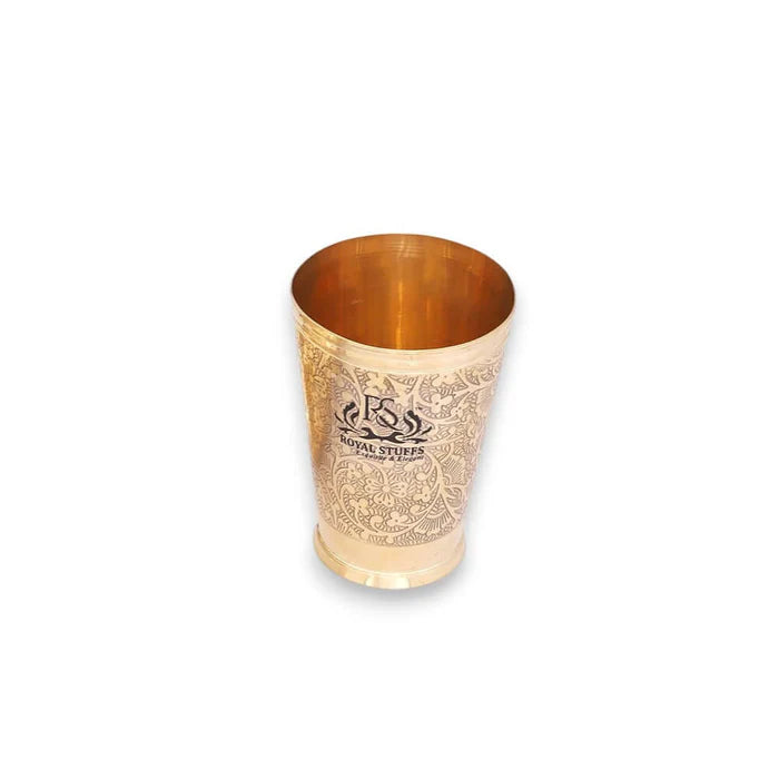 RoyalStuffs Set of 2 Pure Brass Drinking Glasses – Embossed Royal Design Brass Tumblers (300 ML)