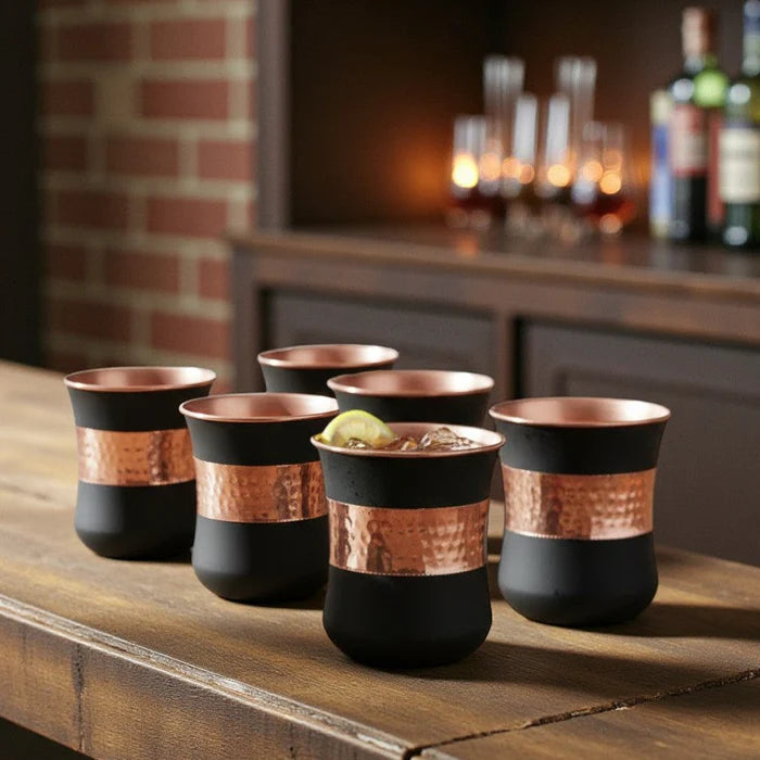 Silk Black Half Hammered Copper Tumbler Set – Pure Copper Water Glasses Set of 6 (250 ML)