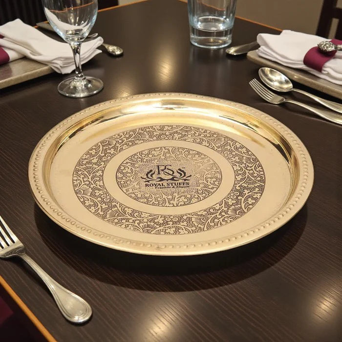 Handmade Pure Brass Plate – Embossed Design Round Serving & Dining Plate