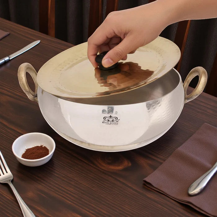 Flat Base Brass Kadhai with Lid – Tin Lined Heavy Bottom Cookware (Multiple Sizes)