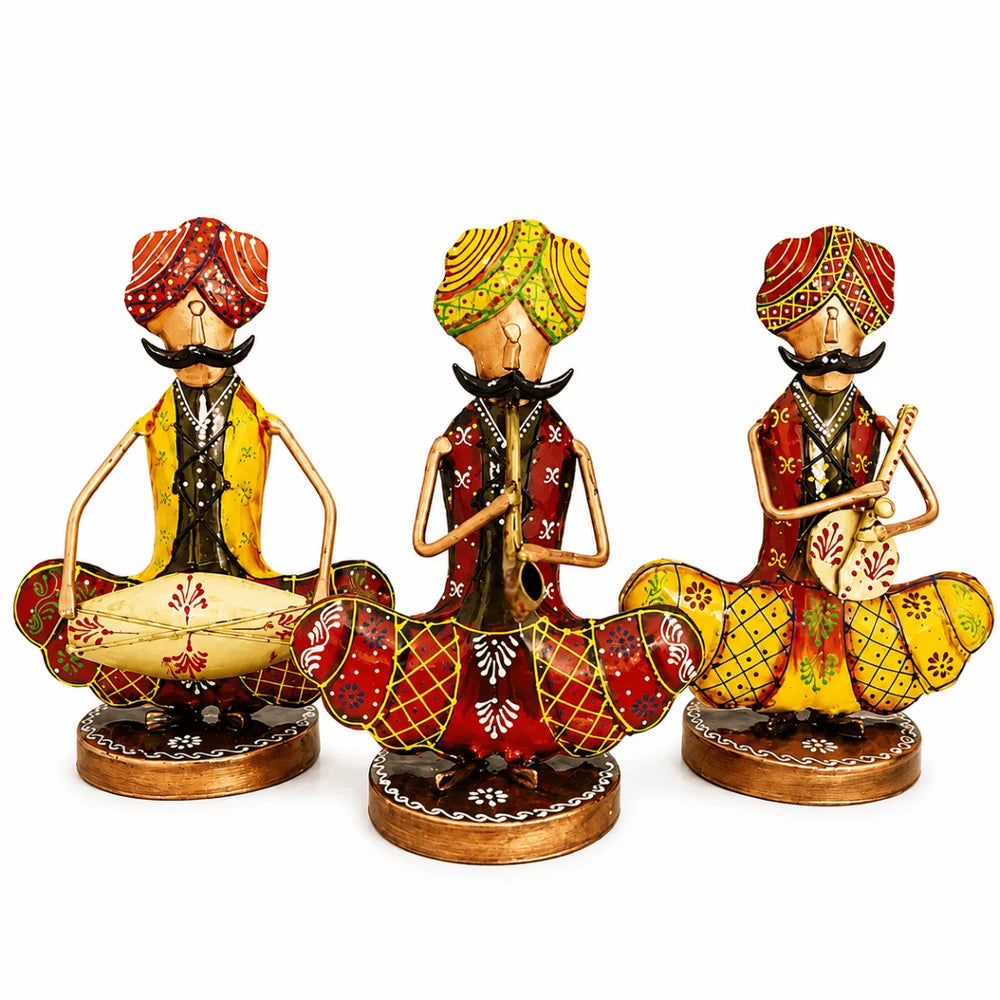 Tribal Rajasthani Sitting Male Musicians Muchhad in Iron Handmade Decorative Items for Home | Gift Items | Showpieces | Table Decorative Items Set of 3, Height : 9 Inches, Multicolor