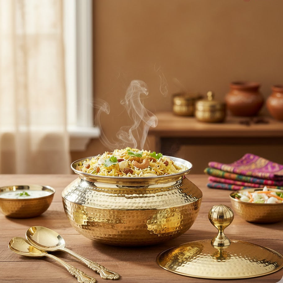 Gold serving dish with food on a wooden table, featuring a blurred background.