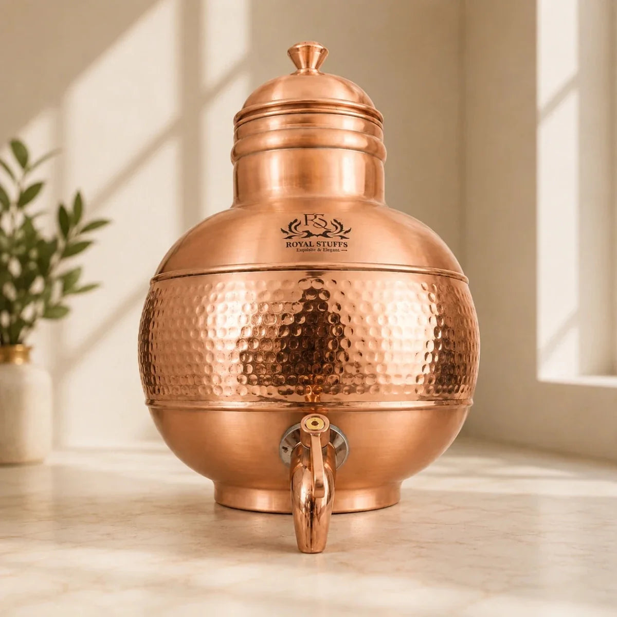 RoyalStuffs 100% Pure Copper 5 Litre Matka with Brass Tap Hand Hammered Handcrafted Copper Water Dispenser