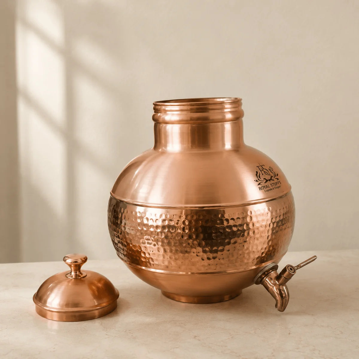 RoyalStuffs 100% Pure Copper 5 Litre Matka with Brass Tap Hand Hammered Handcrafted Copper Water Dispenser