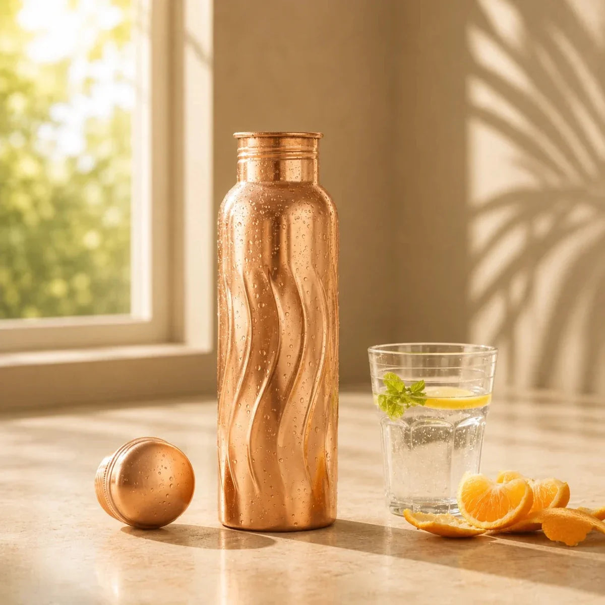 RoyalStuffs Wavy Designer Pure Copper Water Bottle – 1 Litre Modern Copper Hydration Bottle