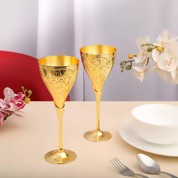 Royal Brass Wine Glass Set of 2 – Handcrafted Golden Drinkware for Elegant Serving